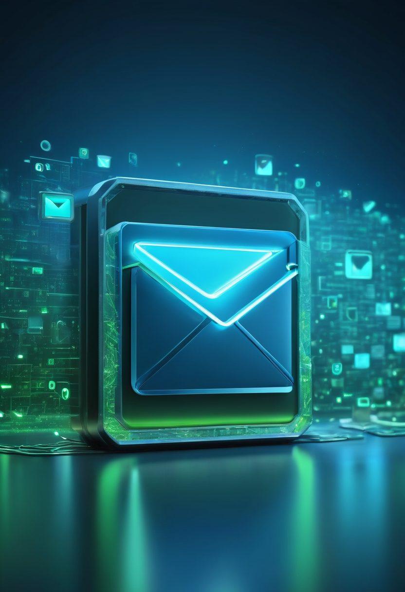 A digital fortress resembling an email inbox, where glowing shields and locks symbolize security. Floating emails with green checkmarks indicate authenticity, surrounded by a high-tech interface displaying encryption algorithms. The background features a serene blue tone representing trust and reliability. super-realistic. vibrant colors. futuristic design.