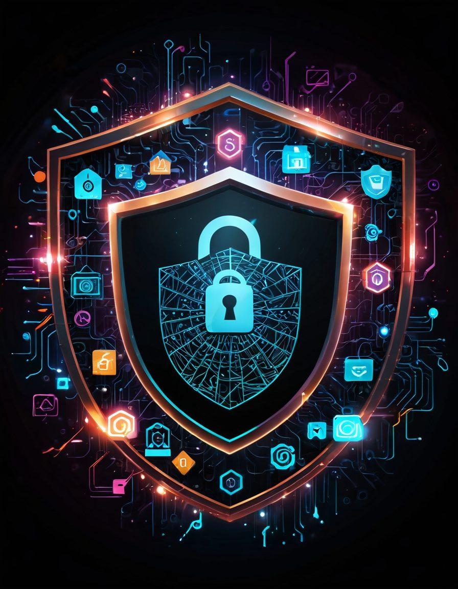 A digital lock symbolizing security, surrounded by glowing email icons floating in a dark, mysterious environment. In the foreground, a shield with a checkmark represents validation, while various spam icons are obscured by a filter effect. The background is an abstract representation of a network, with circuit patterns suggesting connectivity and technology. vibrant colors. cyberpunk.